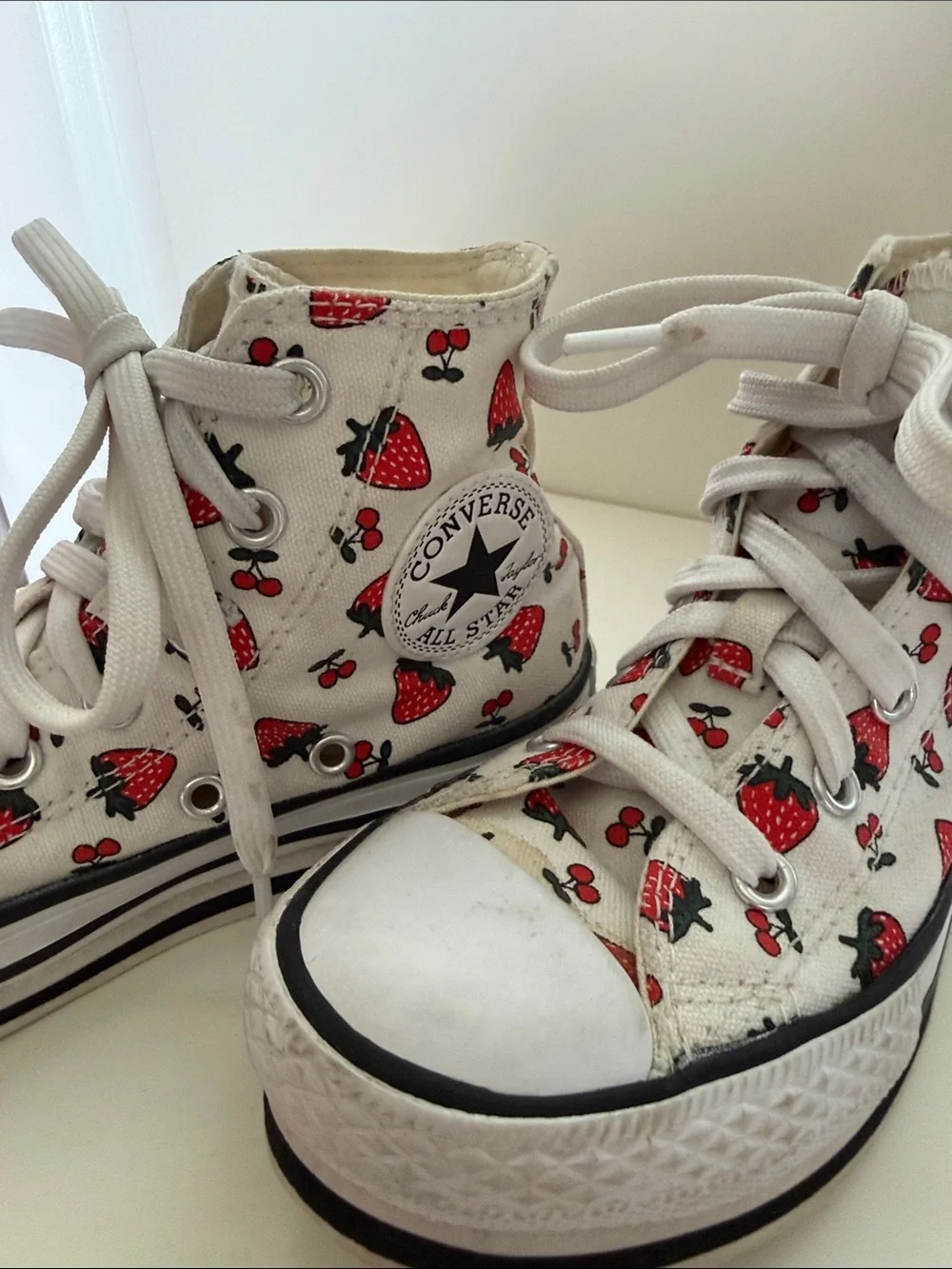 Converse Kids White High-Top Sneakers with Red Strawberry Print